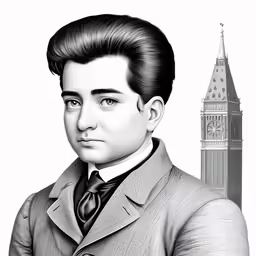 a black and white photo of a man in front of the big ben clock tower
