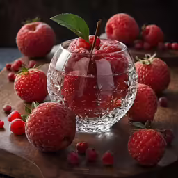a plate with raspberries and some fruit in it