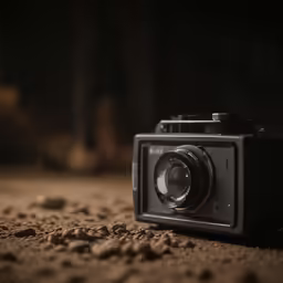 a camera with a small lens is on the ground