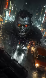 a demonicly dressed man in the rain with blood on his face