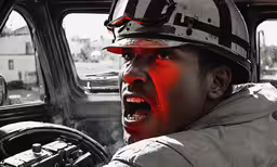 an extripit man in a fireman hat in a car,a man with his mouth open in the car