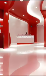 a bright and red interior with the lights on