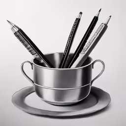 a metal cup filled with pencils and a plate