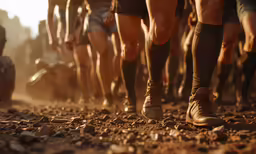 the legs and feet of a group of people walking