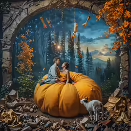 the photo shows two people and a dog sitting on an orange pumpkin