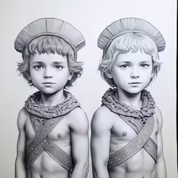 two boys in costume, facing off to the right
