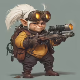 the small troll is wearing glasses and holding a rifle