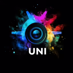 a picture of the word uni in front of a lens with rainbows