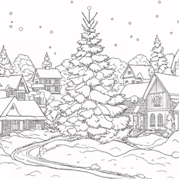 a small snowy town with trees in the background