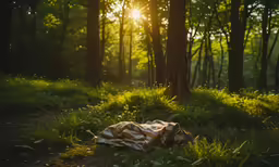 an orange and white blanket is sitting in the grass