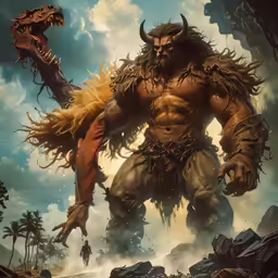 a monster holding a huge piece of bread next to a giant creature