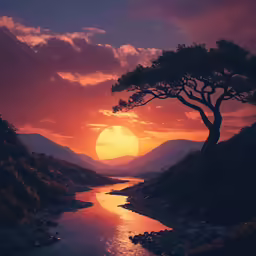 a colorful sunset above a mountain and a river