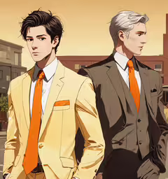 two young men dressed in tan suits, orange ties and white shirts,three men wearing suit and tie in front of a building