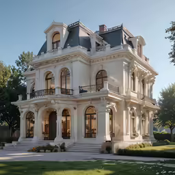 a white ornate castle like house with a stone patio