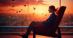 a man is sitting in an arm chair and watching the sun rise,a man sits in a red chair with a view of butterflies flying