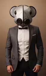 a man in a suit with a face mask over his eyes