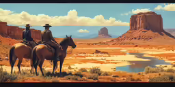 two men on horses are riding along the desert