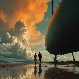 two people walk on a wet beach under a cloudy sky