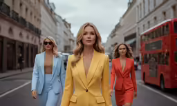 a group of three women in yellow suits