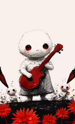 the skeleton playing an electric guitar on a painting of flowers