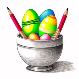 a drawing of colored eggs and pencils in a bowl,a drawing of an easter basket in a bowl with pencils