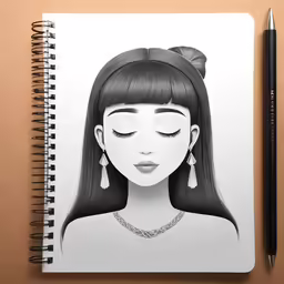 a notebook with an image of a woman with bangs
