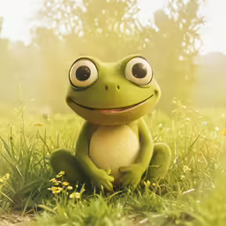a green frog with big eyes is sitting in grass