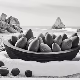 an odd shaped boat sitting on top of snow next to rocks