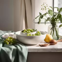 grapes sit in a white bowl on top of a counter
