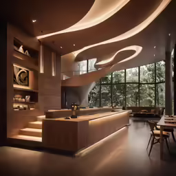 modern dining room scene with curved staircase and round light