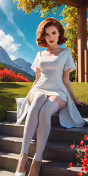 a woman with red hair is sitting on a steps