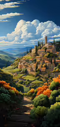 a painting of the countryside in italy,the landscape shows a village and hills, trees, and clouds