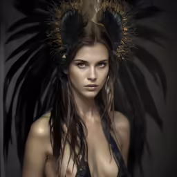 a beautiful woman wearing wings with her head dressed in black