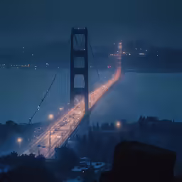 a large long bridge on a river at night