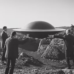 black and white photo of men standing in front of an object