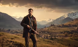 a man holding a rifle stands in front of a landscape,man in jacket with shotgun standing in field with mountains in background