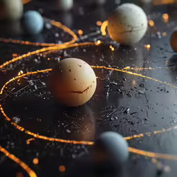 the nine spheres are covered in yellow thread