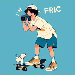 the boy takes a photo with his camera while he stands on a skateboard