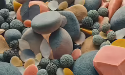 colorful rocks, plants and colored shapes together