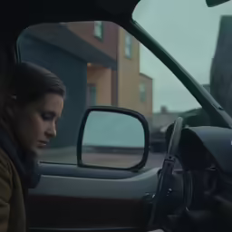 girl looking at her phone in a car window