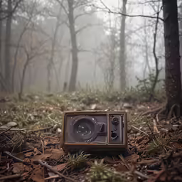 an old radio sitting in the middle of a forest