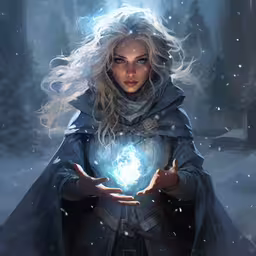 a woman wearing a blue cape holds a crystal ball in her hands,a lady holding her heart and glowing light in her hands