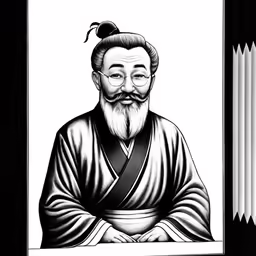 an old asian man is wearing black and white
