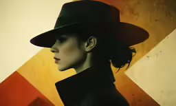 a woman wearing a hat in front of a colorful background