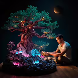 man sitting in front of bonsai tree painting on canvas