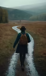 a man walks down a rain soaked road in the woods