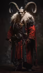 a man in a red coat has horns and large horns