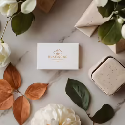 business cards with flowers are on the marble table