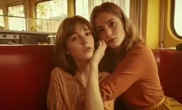 two women sitting next to each other in a booth on a train