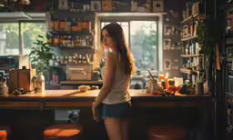 young woman standing in bar area of small store